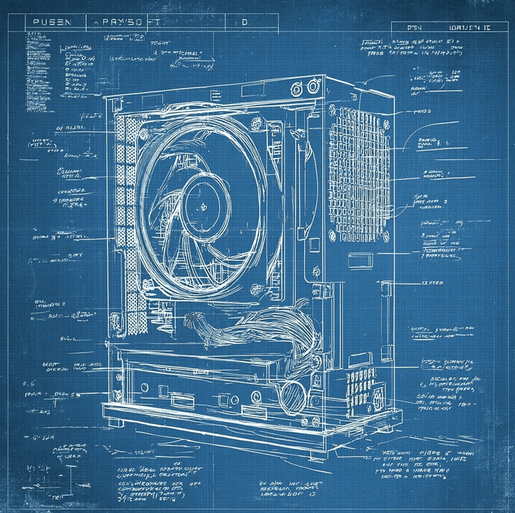 Blueprint cutaway of The Box showing its internal hardware layout