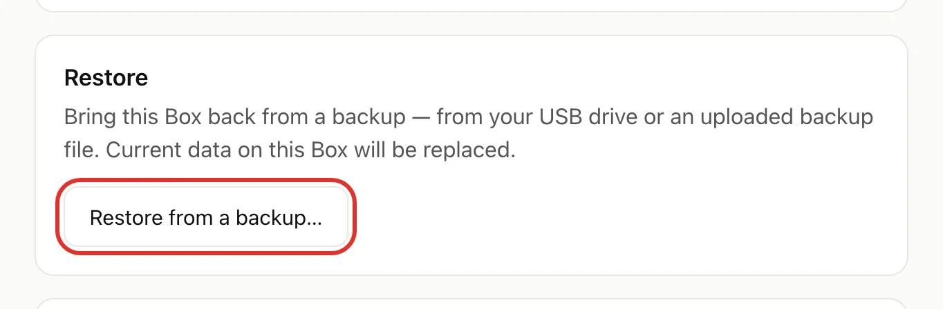 The Restore card, with Restore from a backup… circled
