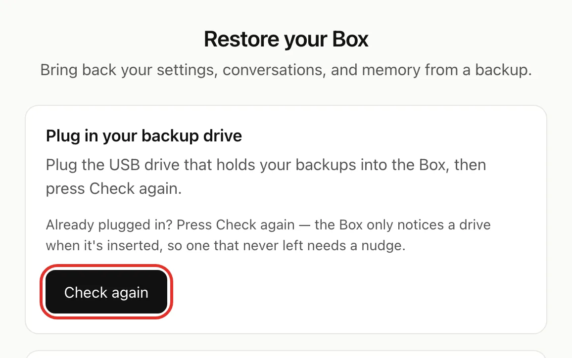 The Restore your Box page, with Check again circled