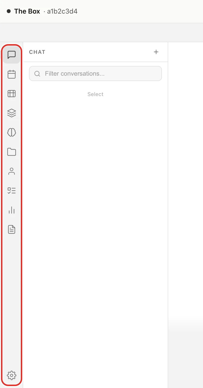 The chat screen's left menu, a column of icons from Chat at the top to the Settings gear at the bottom, circled