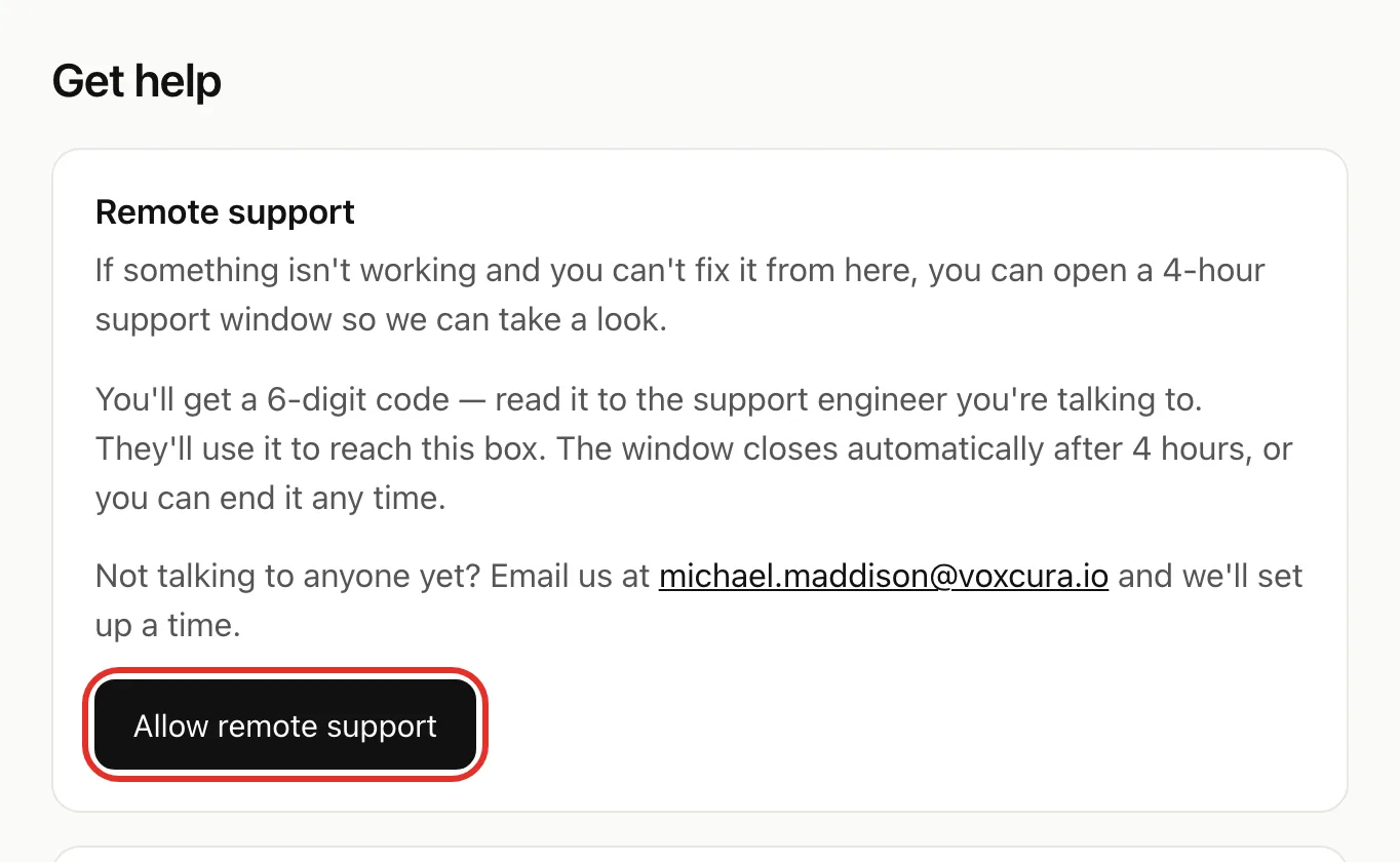 The Get help page, with the Allow remote support button in the Remote support card circled