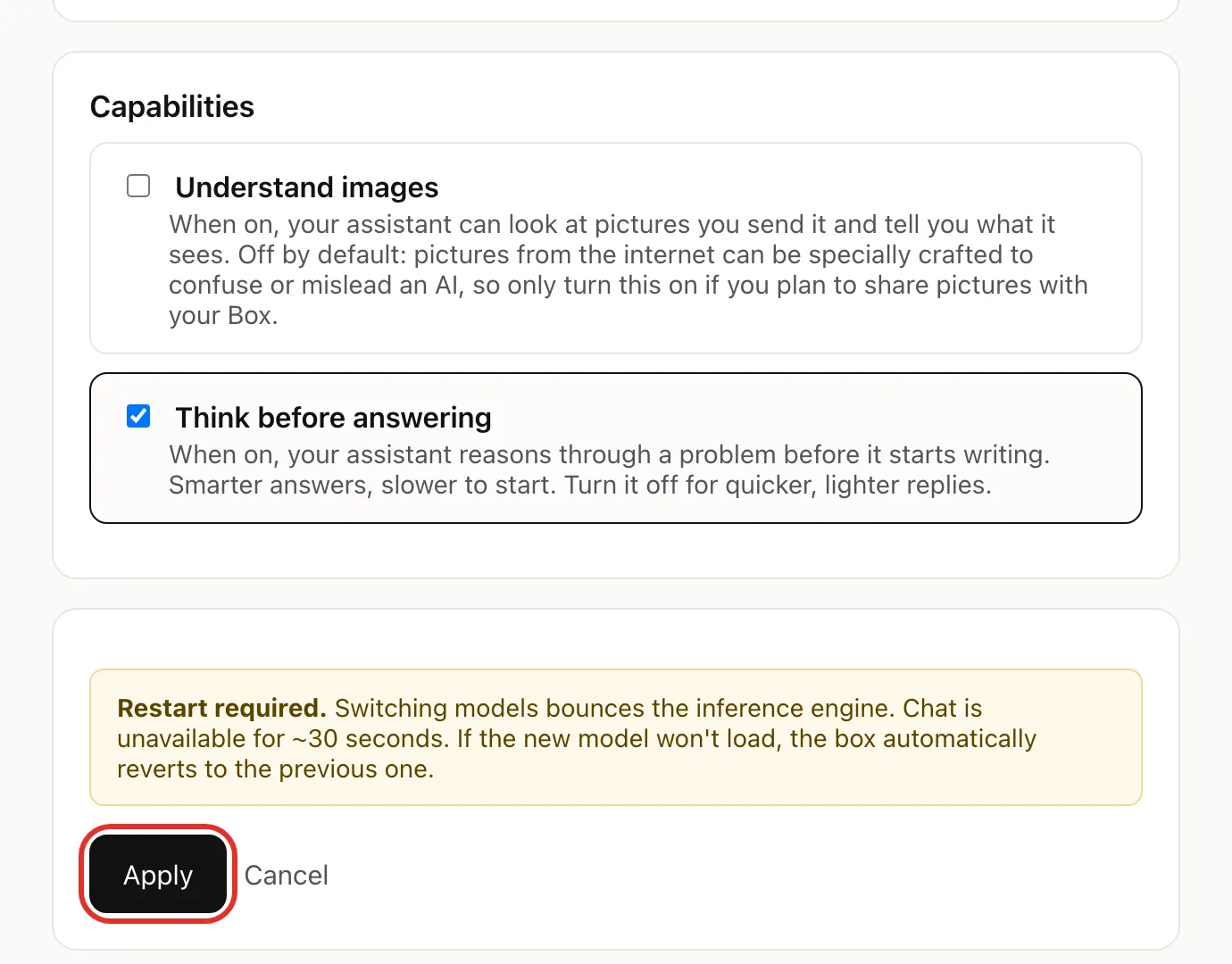 The Capabilities section with Understand images off and Think before answering on, the Restart required notice, and the Apply button circled
