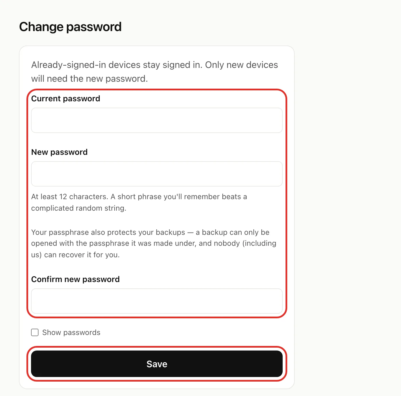 The Change password page, with the Current password, New password and Confirm new password fields circled, and the Save button circled