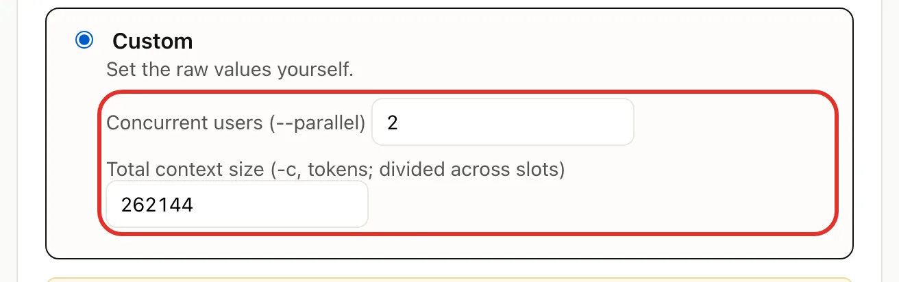 The Custom choice selected, with the Concurrent users and Total context size fields circled
