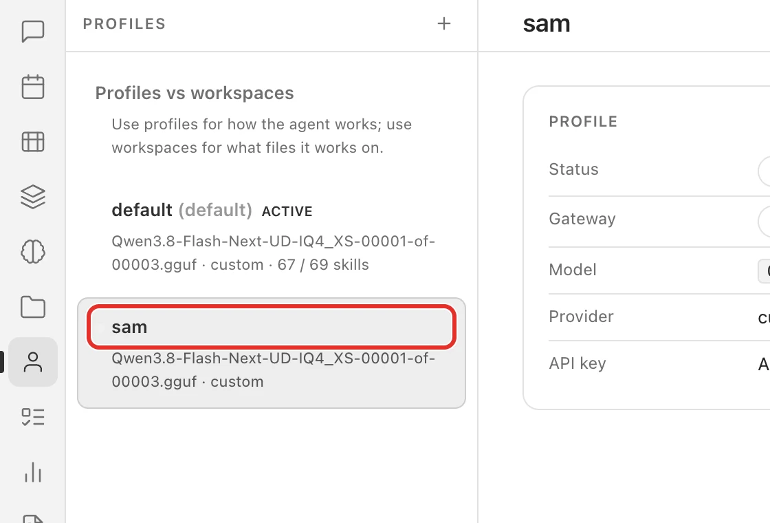 The Profiles list showing default and the new profile, sam, circled