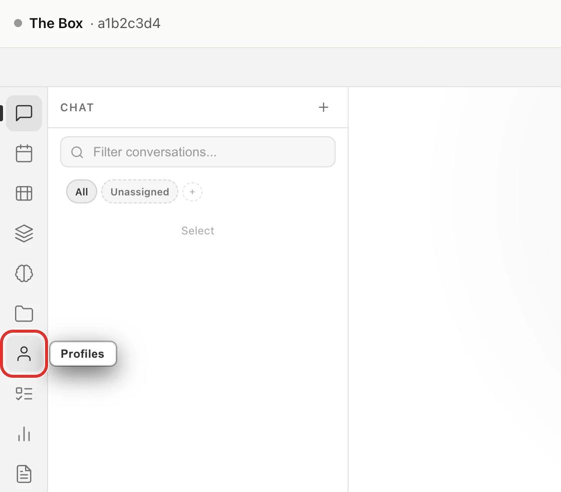 The chat screen's left menu with the person icon circled and its Profiles label showing