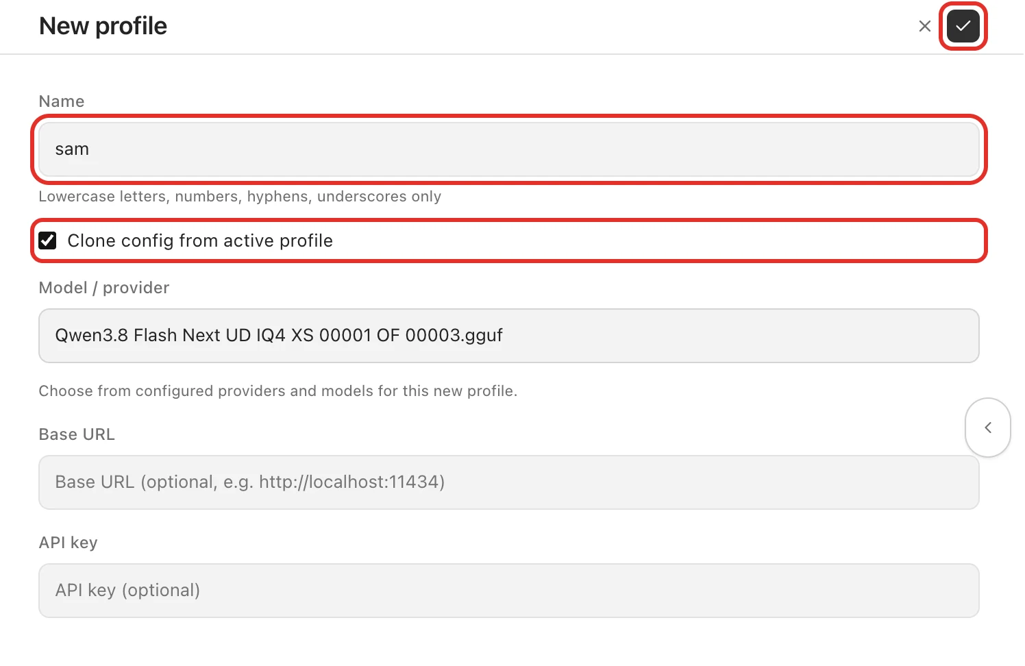 The New profile form with the Name box, the Clone config from active profile tick box and the check mark circled; Base URL and API key are empty