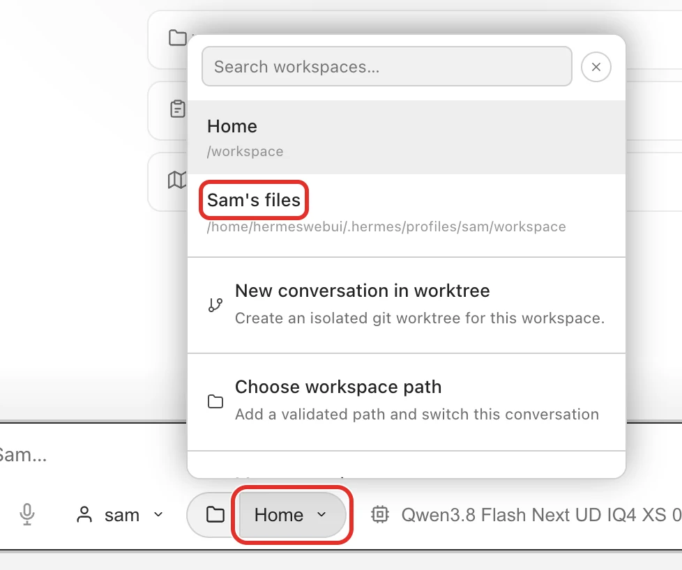 The folder menu open above the message box, with the Home button and the Sam's files folder circled