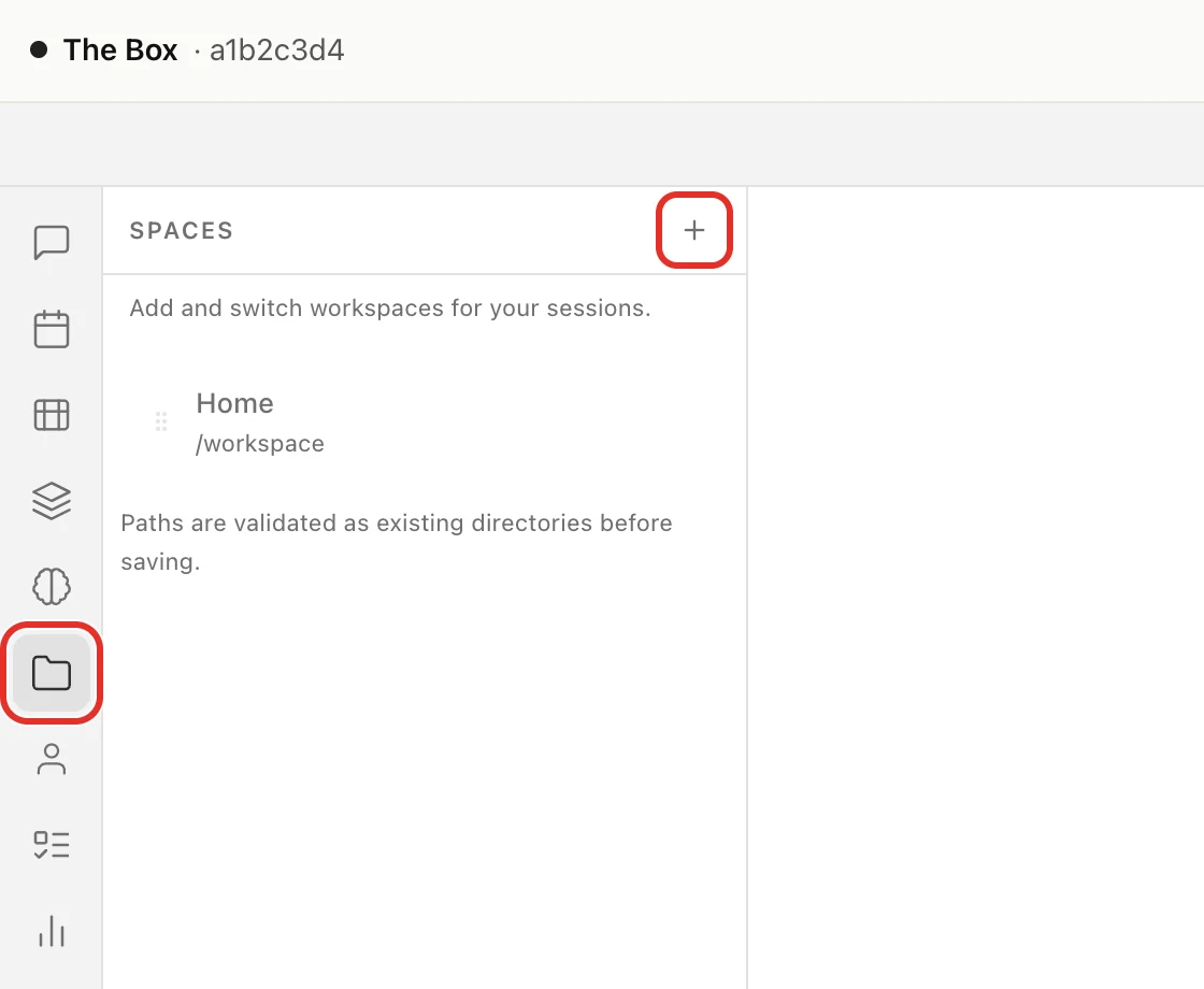 The Spaces list showing Home, with the folder icon in the left menu and the + button circled
