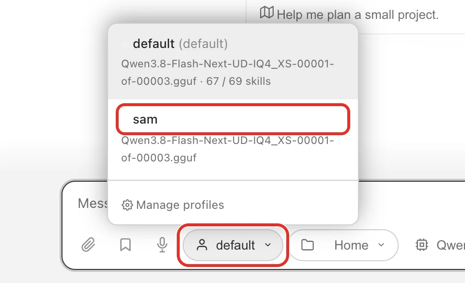 The profile menu open above the message box, with the default button and the new profile circled