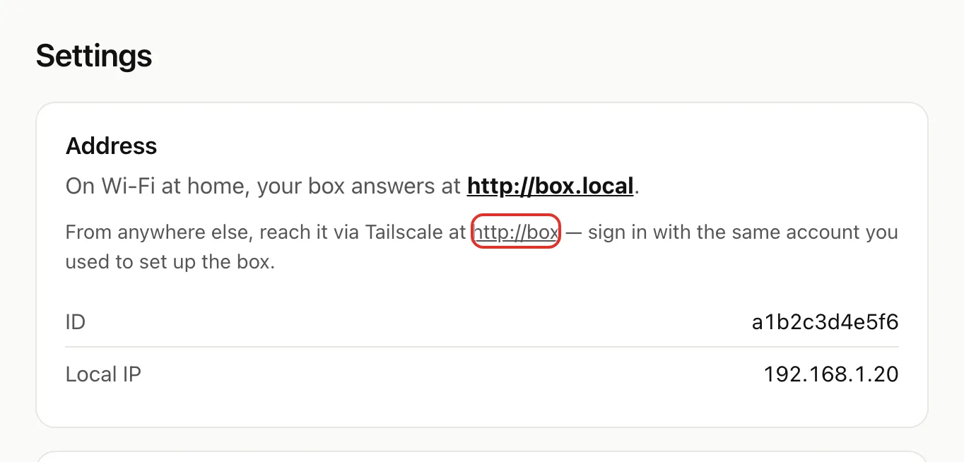 The Settings page Address card, with the Tailscale address http://box circled