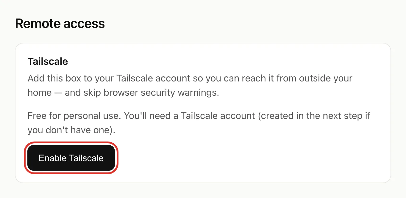 The Remote access page with the Tailscale card and the Enable Tailscale button circled