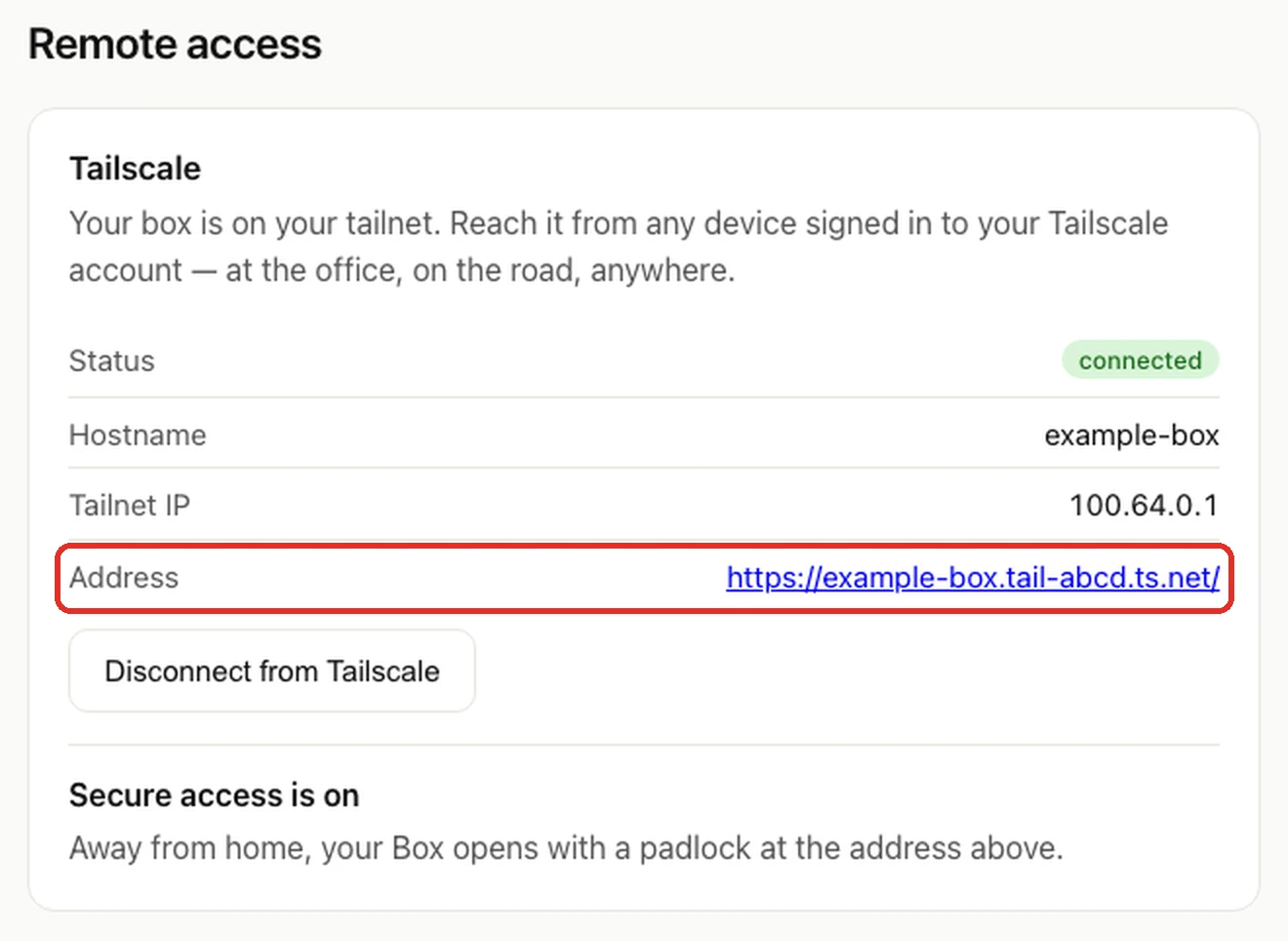 The Remote access page saying "Secure access is on", with the https:// address next to Address circled