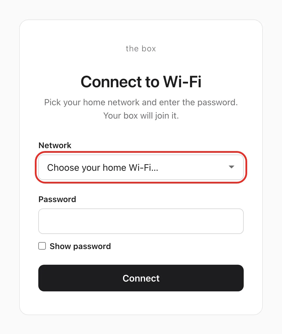 The Connect to Wi-Fi page; the Network list is circled