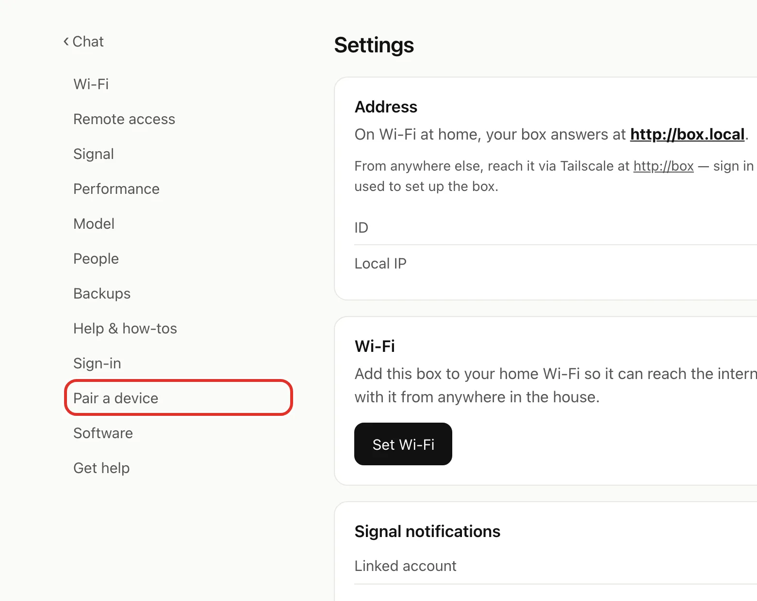 The Settings list with Pair a device circled