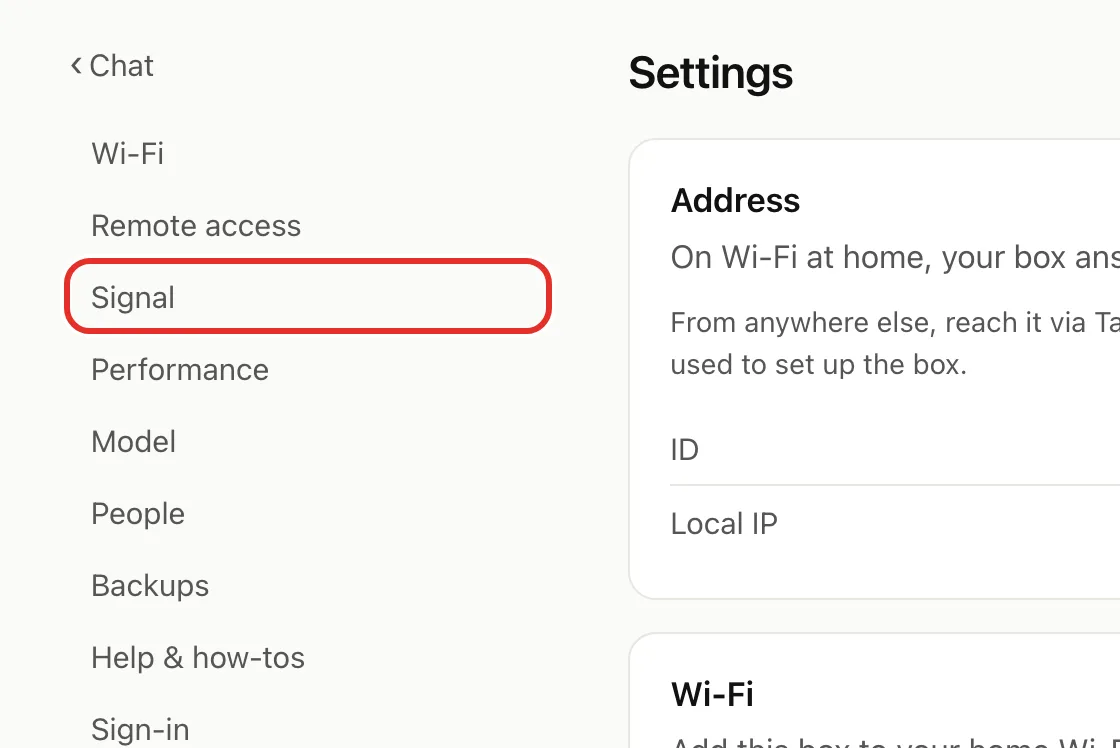 The Settings list on box.local, with the Signal item circled