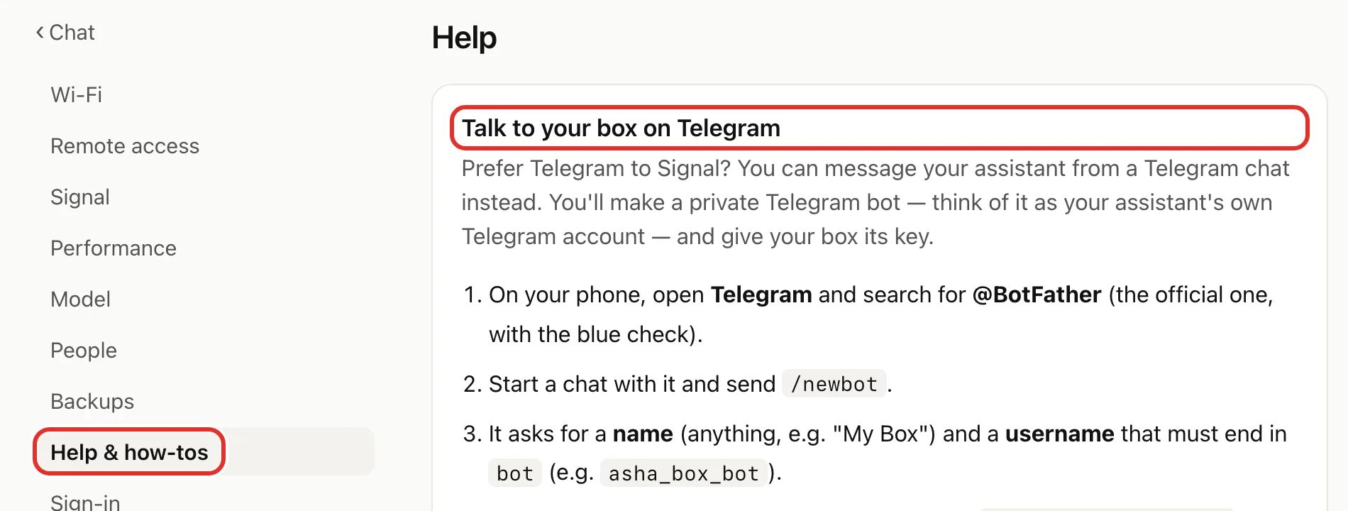 The Help & how-tos page on box.local, with Help & how-tos in the side menu and the Talk to your box on Telegram heading circled