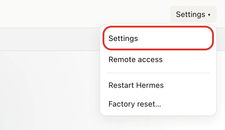The Settings menu on box.local, with the Settings item circled