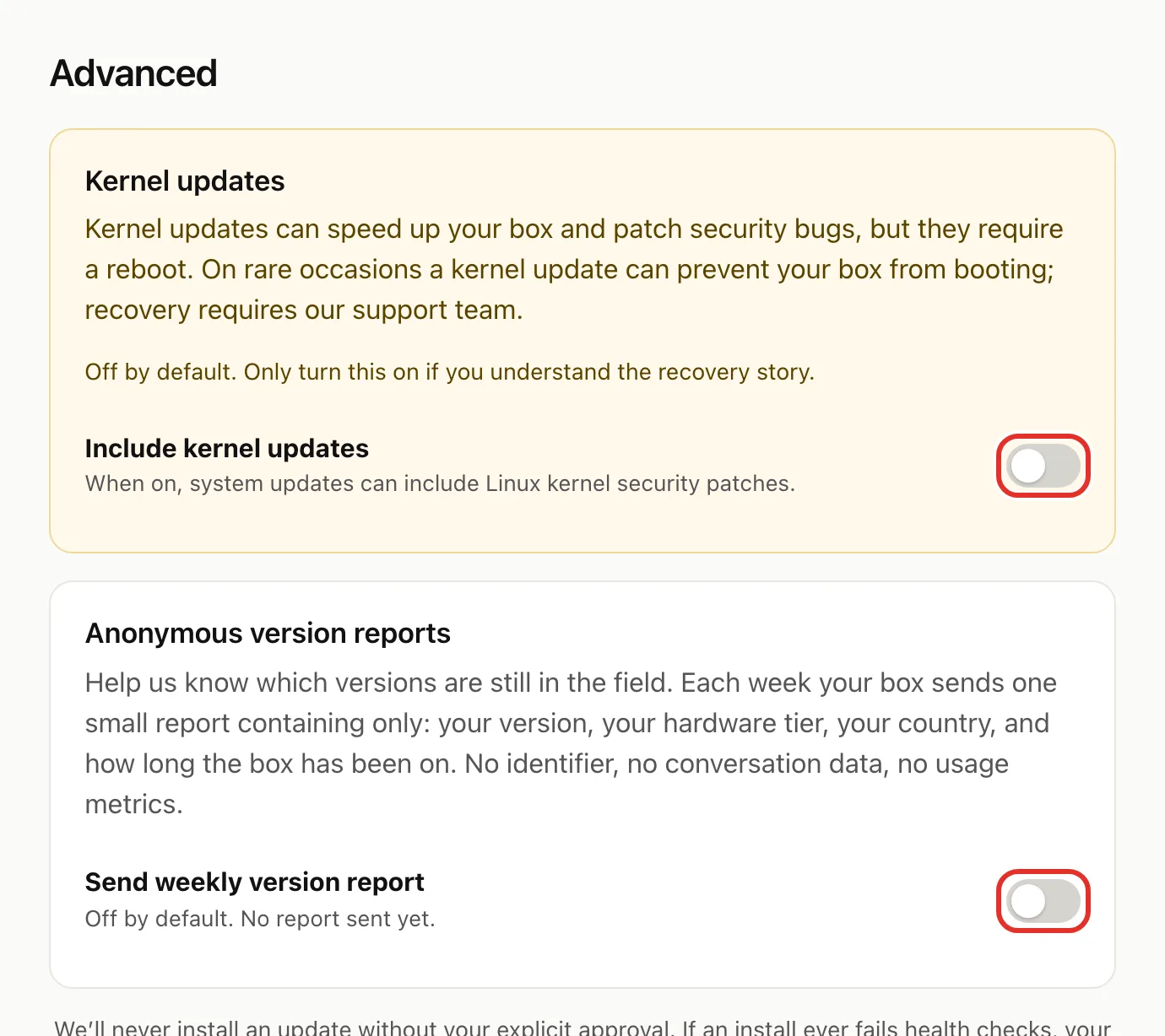 The Advanced page with the Include kernel updates switch and the Send weekly version report switch circled, both off
