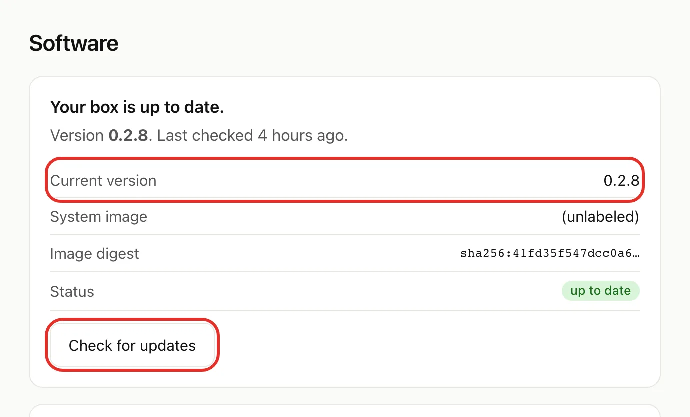 The Software page saying "Your box is up to date.", with the Current version row (0.2.8) and the Check for updates button circled