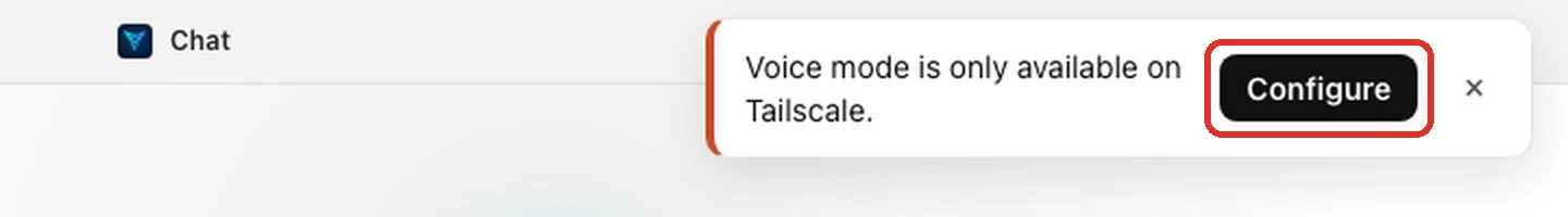 The chat page at http://box.local with the message "Voice mode is only available on Tailscale." at the top right, and its Configure button circled
