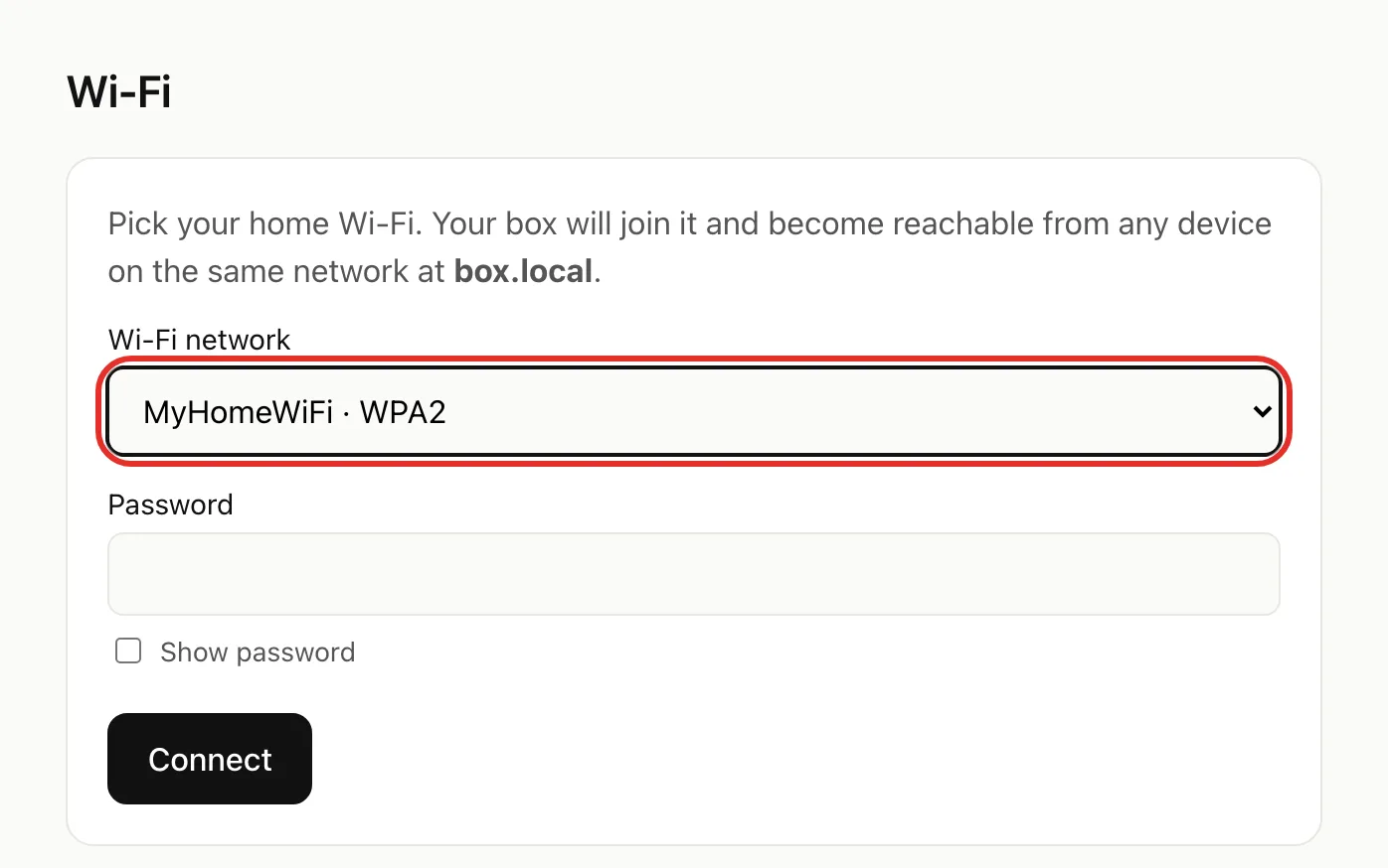 The Wi-Fi page with a network picked in the Wi-Fi network list, which is circled
