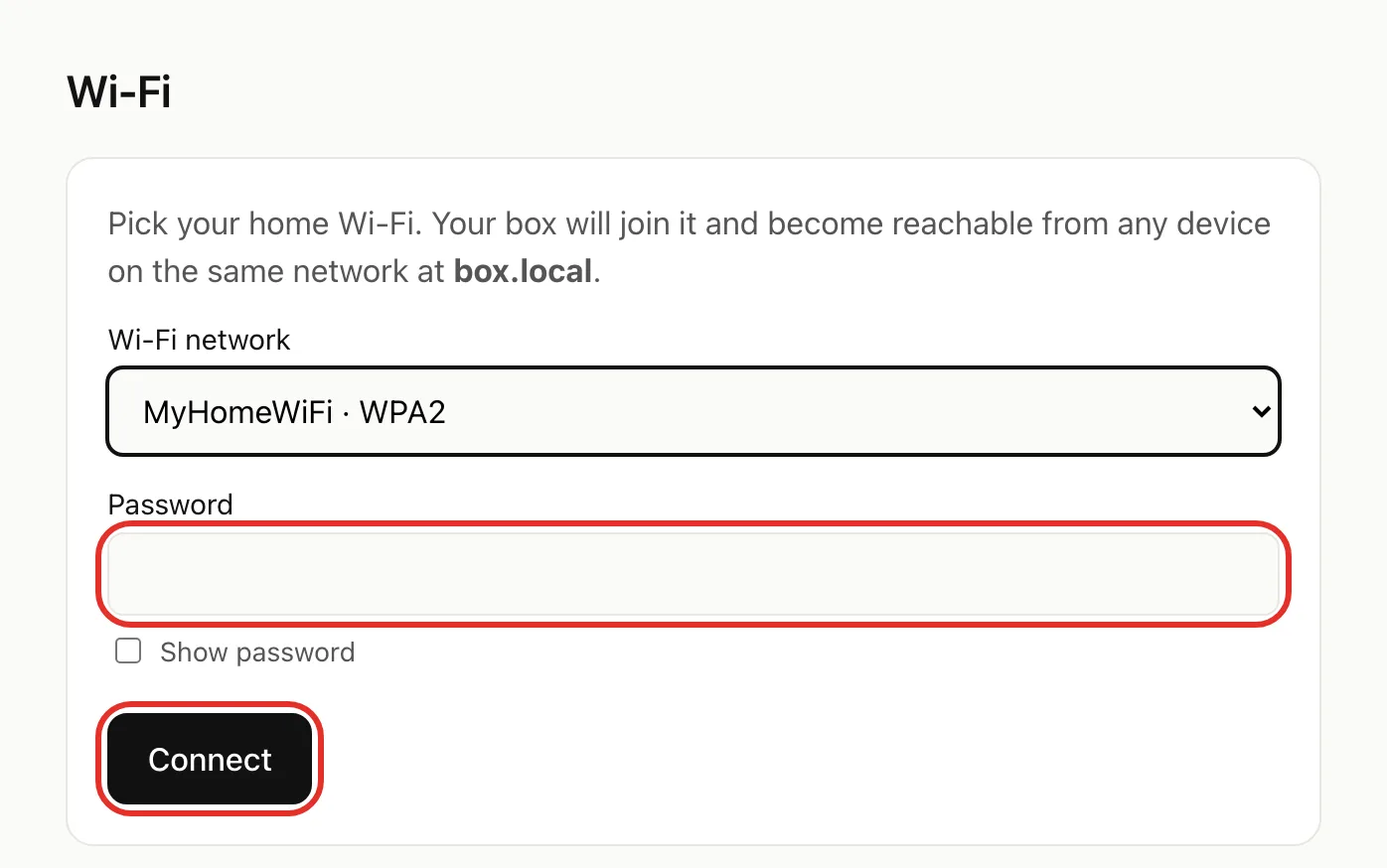 The Wi-Fi page with the Password field and the Connect button circled